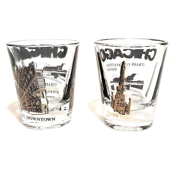 2 Vintage Shot Glasses Chicago International Airport #S001 - Picture 3 of 5